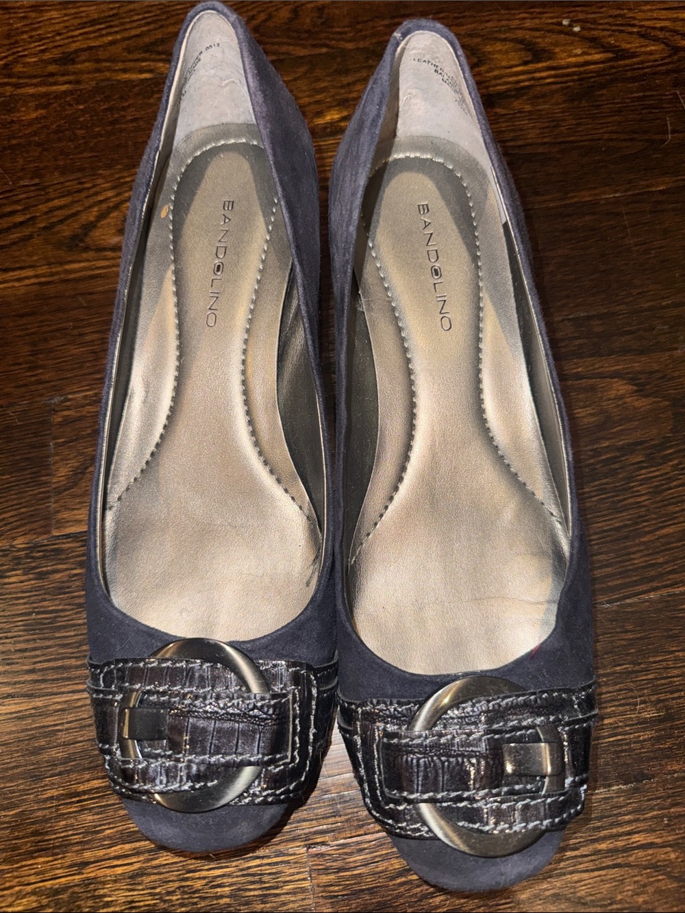 Bandolino Navy Suede Flats with Metal Buckle Accent